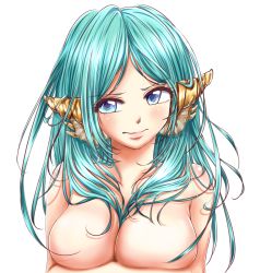 Rule 34 | 1girl, aqua hair, blue eyes, breast hold, breasts, covering privates, covering breasts, female focus, hair between breasts, large breasts, lips, long hair, magi the labyrinth of magic, no nipples, nude, rai0320, simple background, solo, topless frame, upper body, white background, yamuraiha