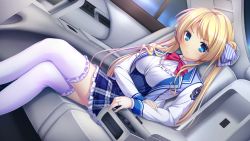 Rule 34 | 1girl, blonde hair, blue eyes, bow, breasts, closed mouth, frilled skirt, frilled thighhighs, frills, game cg, giga, harvest overray, indoors, jewelry, long hair, long sleeves, looking at viewer, mikami lilia, nironiro, pink bow, ring, school uniform, sitting, skirt, solo, straight hair, thighhighs, white thighhighs, zettai ryouiki