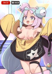 Rule 34 | 1girl, :d, armpits, boots, bow-shaped hair, breasts, character hair ornament, collarbone, commentary request, creatures (company), game freak, green hair, grey footwear, hair ornament, highres, iono (pokemon), jacket, knees, lemon snail, livestream, long hair, medium breasts, multicolored hair, nintendo, nipples, no shirt, open mouth, pokemon, pokemon sv, purple hair, sleeves past fingers, sleeves past wrists, smile, solo, star (symbol), star print, sweat, teeth, thigh strap, tongue, twintails, two-tone hair, upper teeth only, yellow jacket