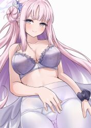 Rule 34 | 1girl, angel wings, black scrunchie, blue archive, blue flower, blush, bra, breasts, cleavage, closed mouth, collarbone, flower, flower trim, frilled ribbon, frills, gluteal fold, hair bun, hair flower, hair ornament, hair ribbon, halo, herohero (higashi no dou), highres, large breasts, lips, long hair, looking at viewer, low wings, mika (blue archive), pantyhose, pink hair, ribbon, scrunchie, simple background, single side bun, smile, solo, thighs, underwear, white background, white bra, white pantyhose, white ribbon, white wings, wings, wrist scrunchie, yellow eyes