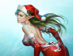Rule 34 | 1girl, christmas, closed mouth, commentary, detached sleeves, dress, elf, expressionless, from side, fur trim, green hair, hat, holly, long hair, long pointy ears, original, pointy ears, red dress, santa hat, sleeveless, sleeveless dress, solo, strapless, strapless dress, tatiana kirgetova