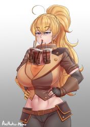 Rule 34 | 1girl, abs, absurdres, aestheticc-meme, blonde hair, breasts, bubble tea, bubble tea challenge, drinking, drinking straw, ember celica (rwby), fingerless gloves, gloves, highres, large breasts, looking at viewer, ponytail, prosthesis, prosthetic arm, rwby, yang xiao long