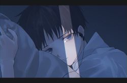 Rule 34 | 1boy, bad id, bad pixiv id, black hair, blue eyes, commentary, earphones, holding, holding pillow, ikari shinji, looking at viewer, lying, male focus, neon genesis evangelion, on stomach, parted lips, pillow, shirt, soji 777, solo, tears, white shirt