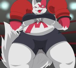 Rule 34 | 1girl, absurdres, arena, artist request, boxing gloves, breasts, creatures (company), female focus, furry, furry female, game freak, gen 3 pokemon, highres, nintendo, no humans, open mouth, pokemon, pokemon (creature), red eyes, solo, zangoose