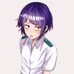 Rule 34 | 1girl, arm behind back, audio jack, blush, boku no hero academia, cable, commentary request, dot nose, flat chest, frown, jirou kyouka, looking to the side, purple hair, school uniform, shirt, short hair, short sleeves, simple background, solo, sumire river, tongue, tongue out, u.a. school uniform, upper body, white shirt