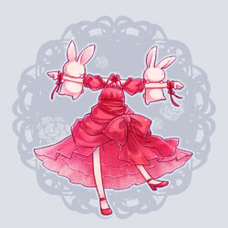 Rule 34 | 1girl, animal on arm, bare shoulders, bow, bowtie, commentary request, dated commentary, dress, dullahan, floral background, frilled sleeves, frills, full body, headless, high heels, lowres, original, outstretched arms, pink bow, pink bowtie, pink dress, pink footwear, puffy short sleeves, puffy sleeves, pumps, rabbit, rakuni, rose background, short sleeves, solo, spread arms, white rabbit (animal), wrist cuffs