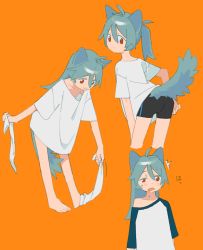 Rule 34 | 1girl, :3, :|, ^^^, adjusting clothes, alternate hairstyle, animal ears, antenna hair, aqua hair, arms at sides, ass, bad id, bad tumblr id, barefoot, bike shorts, black shorts, blush, cat ears, cat girl, cat tail, closed mouth, collarbone, cropped legs, d:, dot nose, drooling, expressionless, from behind, from side, hair between eyes, half-closed eyes, highres, holding, long hair, looking back, looking down, motion lines, multiple views, muted color, niwabuki, off shoulder, open mouth, orange background, original, outstretched hand, ponytail, red eyes, removing legwear, ruka (niwabuki), saliva, shirt, short sleeves, shorts, simple background, sleepy, smile, socks, sweat, tail, tareme, upper body, white legwear, white shirt