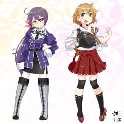 Rule 34 | &gt;:(, 2girls, ahoge, akebono (kancolle), anchor symbol, arm at side, bandaid, bandaid on face, bell, belt, belt buckle, black eyes, black neckwear, black skirt, black socks, blush, boots, brown hair, buckle, closed mouth, commentary request, contrapposto, cosplay, cross-laced footwear, dated, flower, frown, full body, gloves, gradient footwear, hair bell, hair flower, hair ornament, hakama, hakama short skirt, hakama skirt, japanese clothes, jingle bell, juliet sleeves, kantai collection, knee boots, knee pads, kneehighs, lace-up boots, legs apart, long hair, long sleeves, looking at viewer, multiple girls, muneate, nachi (kancolle), nachi (kancolle) (cosplay), necktie, oboro (kancolle), pantyhose, partially fingerless gloves, partly fingerless gloves, pencil skirt, puffy sleeves, purple eyes, purple hair, red skirt, short hair, side ponytail, signature, single glove, skirt, socks, standing, striped clothes, striped footwear, tun, v-shaped eyebrows, vertical stripes, very long hair, white legwear, yugake, zuikaku (kancolle), zuikaku (kancolle) (cosplay)