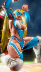 Rule 34 | 1girl, 3d, absurdres, antenna hair, arms up, ass, bare shoulders, blonde hair, blue eyes, blue leotard, breasts, clenched hands, curvy, domino mask, frilled leotard, frills, gloves, highleg, highleg leotard, highres, leotard, lips, long hair, looking to the side, mask, medium breasts, open mouth, rainbow mika, ryona, screencap, shiny clothes, smile, solo, street fighter, street fighter v, thighs, third-party edit, thong leotard, twintails, very long hair, wide hips