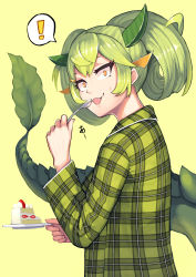 Rule 34 | !, 1girl, absurdres, alternate costume, cake, commentary, curly hair, dragon girl, dragon tail, dragonmaid (yu-gi-oh!), duel monster, eating, fingernails, food, green hair, hair between eyes, highres, holding, holding plate, holding spoon, long hair, long sleeves, open mouth, orange eyes, pajamas, parlor dragonmaid, plaid, plaid pajamas, plaid shirt, plate, rari (badominton), shirt, solo, spoken exclamation mark, spoon, strawberry shortcake, sweatdrop, tail, yu-gi-oh!