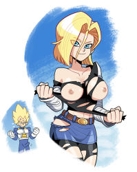 Rule 34 | 1boy, 1girl, android 18, blonde hair, breasts, dragon ball, dragonball z, nipples, skirt, smile, torn clothes, vegeta