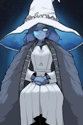 Rule 34 | 1girl, absurdres, blue eyes, blue hair, blue skin, cape, cloak, closed mouth, coat, colored skin, crack, cracked skin, dress, elden ring, extra arms, fur cloak, fur coat, hat, highres, jewelry, long hair, looking at viewer, min lona, one eye closed, own hands together, ranni the witch, ring, smile, solo, wavy hair, witch, witch hat