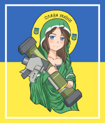 Rule 34 | 1girl, blue background, blue eyes, brown hair, coat of arms, cyrillic, facing viewer, fgm-148 javelin, green robe, green shawl, grzegorz1996, halo, highres, holding, holding rocket launcher, holding weapon, long hair, looking at viewer, man-portable anti-tank systems, missile launcher, original, robe, rocket launcher, russo-ukrainian war, saint javelin, shawl, simple background, solo, st. javelin, translated, ukraine, ukrainian flag, ukrainian text, weapon, yellow background