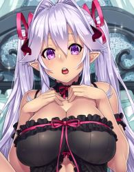 Rule 34 | 1girl, :o, babydoll, bare shoulders, blush, breasts, choker, cleavage, demon girl, demon horns, demon maid (houtengeki), frills, hands on own chest, horns, houtengeki, large breasts, light purple hair, long hair, looking at viewer, midriff, open mouth, original, pointy ears, purple eyes, red ribbon, ribbon, sample watermark, solo, twintails, upper body, watermark