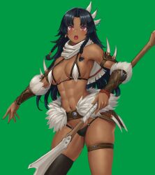 Rule 34 | 1girl, abs, bare shoulders, belt, bikini, black hair, black thighhighs, blush, bracer, braid, dark-skinned female, dark skin, earrings, green background, hair ornament, highres, holding, holding polearm, holding weapon, jewelry, long hair, muscular, muscular female, navel, open mouth, original, polearm, ranma (kamenrideroz), red eyes, scarf, simple background, single thighhigh, solo, spear, swimsuit, thighhighs, weapon