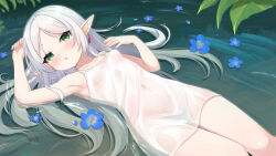 Rule 34 | 1girl, arm up, armpits, blue flower, blush, breasts, commentary request, dress, earrings, elf, flower, frieren, hand up, jewelry, long hair, looking at viewer, lying, navel, nc731, on back, paid reward available, parted bangs, parted lips, partially submerged, pointy ears, see-through, see-through dress, short dress, small breasts, solo, sousou no frieren, sundress, thick eyebrows, wet, wet clothes, wet dress, white dress, white hair