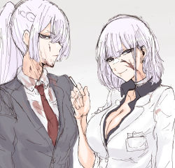 Rule 34 | 2girls, ak-15 (erwin) (girls&#039; frontline), ak-15 (girls&#039; frontline), bandaged neck, bandages, blood, blood on clothes, blood on face, braid, breasts, cigarette, cleavage, closed mouth, collared shirt, formal, french braid, girls&#039; frontline, grey background, grey suit, hair between eyes, high ponytail, highres, holding, holding cigarette, large breasts, long hair, looking at viewer, masso nullbuilt, multiple girls, open clothes, open shirt, purple eyes, red neckwear, rpk-16 (girls&#039; frontline), rpk-16 (renate) (girls&#039; frontline), shirt, sidelocks, silver hair, sleeves rolled up, smile, suit, white shirt, white suit