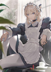 Rule 34 | 1girl, apron, blonde hair, blue eyes, choker, couch, earrings, highres, jewelry, maid, maid apron, maid headdress, marumoru, original, pantyhose, parted lips, puffy sleeves, shotgun shell, sitting, solo, twintails, white pantyhose