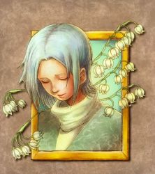 Rule 34 | 1girl, bad id, bad pixiv id, blue hair, brown background, closed eyes, closed mouth, elona, eyebrows, eyelashes, facing away, flower, forehead, hair intakes, head tilt, larnneire, lips, nose, outside border, picture frame, pink lips, portrait, riburousu, short hair, smile, solo, through medium, through painting, turtleneck, upper body
