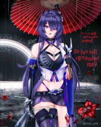 Rule 34 | 1girl, acheron (honkai: star rail), asymmetrical gloves, bandaged leg, bandages, black gloves, black hole, black shorts, breasts, cleavage, commentary, cowboy shot, crop top, elbow gloves, flower, gloves, hair ornament, highres, holding, holding umbrella, honkai: star rail, honkai (series), imrinzlergtz art, leg tattoo, long hair, looking at viewer, midriff, navel, parted lips, purple eyes, purple hair, red flower, red umbrella, short shorts, shorts, single bare shoulder, solo, standing, stomach, tattoo, thighs, umbrella, very long hair