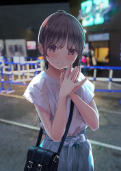 Rule 34 | 1girl, bag, blue skirt, blurry, blurry background, blush, brown hair, chikuwa (odennabe), closed mouth, handbag, hands up, highres, long hair, looking at viewer, original, outdoors, own hands together, palms together, purple eyes, shirt, short sleeves, skirt, smile, solo, standing, white shirt