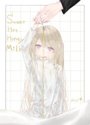 Rule 34 | 1girl, 1other, absurdres, arm up, blonde hair, cover, cover page, dress, english text, grid background, hair ribbon, highres, holding hands, honey, honey dipper, long sleeves, looking at viewer, milk, msa (fary white), original, out of frame, purple eyes, ribbon, slit pupils, solo focus, grid background, white dress