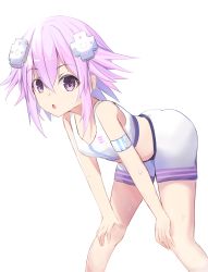 Rule 34 | 1girl, absurdres, adapted costume, alternate costume, armband, bare shoulders, bimmy, breasts, exhausted, gekijigen tag: blanc + neptune vs zombie gundan, hair between eyes, hair ornament, hairclip, highres, neptune (neptunia), neptune (series), open mouth, purple eyes, purple hair, short hair, shorts, small breasts, solo, sports bra, surprised, sweat, thighs, vvvtune