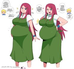 Rule 34 | 1boy, 1girl, :d, absurdres, apron, blonde hair, blush, bracelet, breasts, cleavage, couple, english text, heart, highres, huge belly, husband and wife, jewelry, large breasts, long hair, couple, namikaze minato, naruto, naruto (series), naruto shippuuden, noodlemage, open mouth, outie navel, pregnant, short sleeves, smile, sparkle, speech bubble, uzumaki kushina, very long hair