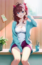 Rule 34 | 1girl, :3, absurdres, ahoge, bench, between legs, blue eyes, blush, bow, breasts, brown hair, cleavage, collarbone, cowboy shot, curly hair, dappled sunlight, hair bow, hand between legs, hand in own hair, highres, ichinose shiki, idolmaster, idolmaster cinderella girls, indoors, jacket, large breasts, looking at viewer, multiple hair bows, on bench, open clothes, open jacket, open mouth, plant, potted plant, qingli ye, shirt, shorts, sitting, solo, sunlight, two side up, white shirt, window