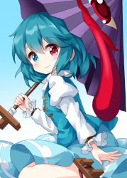 Rule 34 | 1girl, blue background, blue eyes, blue hair, blue skirt, blue vest, closed mouth, cowboy shot, cross-laced clothes, cross-laced top, from side, geta, gradient background, hair between eyes, heterochromia, highres, holding, holding umbrella, juliet sleeves, karakasa obake, leg up, long sleeves, puffy sleeves, purple umbrella, red eyes, ruu (tksymkw), shirt, short hair, skirt, smile, solo, standing, tatara kogasa, tongue, tongue out, touhou, umbrella, vest, white shirt