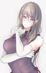 Rule 34 | 1girl, abs, akiyama cz4a, arm rest, bespectacled, blonde hair, breasts, covered erect nipples, elbow gloves, glasses, gloves, grey background, hand up, head tilt, highres, impossible clothes, long hair, looking at viewer, medium breasts, mole, mole under eye, naked tabard, pink lips, purple eyes, red-framed eyewear, semi-rimless eyewear, simple background, smile, solo, tabard, taut clothes, toned, touhou, under-rim eyewear, upper body, white gloves, yakumo yukari