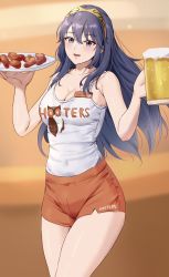 Rule 34 | 1girl, alcohol, alternate costume, amayo thranana, bare shoulders, beer, beer mug, blue eyes, blue hair, breasts, character name, cleavage, collarbone, commentary, commission, covered navel, cup, english commentary, female focus, fire emblem, fire emblem awakening, food, hair between eyes, highres, holding, holding cup, holding plate, hooters, long hair, looking at viewer, lucina (fire emblem), matching hair/eyes, medium breasts, mug, nintendo, open mouth, orange shorts, plate, shirt, short shorts, shorts, sleeveless, sleeveless shirt, smile, solo, thighs, tiara, waitress, white shirt