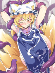 Rule 34 | 1girl, asutora, blonde hair, blush, breasts, commentary request, fox tail, hat, large breasts, multiple tails, one eye closed, short hair, solo, tabard, tail, tentacles, torn clothes, touhou, white hat, yakumo ran, yellow eyes