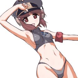 Rule 34 | 10s, 1girl, :d, aegis (nerocc), arm up, armband, armlet, armpits, bikini, blush, breasts, brown hair, dot nose, dutch angle, girls und panzer, groin, halterneck, hat, headset, highleg, highleg bikini, highleg swimsuit, looking at viewer, midriff, navel, nishizumi miho, open mouth, peaked cap, red eyes, short hair, sideboob, simple background, small breasts, smile, solo, swimsuit, tareme, upper body, white background