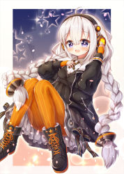 Rule 34 | 1girl, :d, absurdres, ahoge, bad id, bad pixiv id, black dress, black footwear, black jacket, blush, boots, braid, breasts, commentary request, cross-laced footwear, dress, hair between eyes, hair ornament, headphones, highres, jacket, kizuna akari, lace-up boots, long hair, long sleeves, looking at viewer, low twintails, open mouth, orange pantyhose, pantyhose, puffy long sleeves, puffy sleeves, purple eyes, silver hair, sleeves past wrists, small breasts, smile, solo, star (symbol), striped clothes, striped pantyhose, teeth, twin braids, twintails, upper teeth only, vertical-striped clothes, vertical-striped pantyhose, very long hair, vocaloid, voiceroid, waste (arkaura)