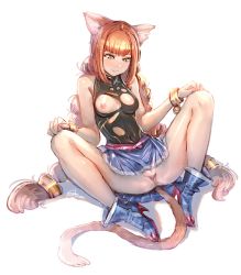 Rule 34 | 1girl, animal ears, anus, ass, bad id, bad pixiv id, belt, blush, boots, bow (bhp), braid, breasts, brown hair, cat ears, cat tail, covered navel, high heels, long hair, md5 mismatch, medium breasts, nipples, original, panties, pussy, sitting, skirt, slit pupils, solo, spread legs, tail, torn clothes, twin braids, underwear, very long hair, yellow eyes