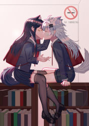 Rule 34 | 2girls, absurdres, animal ear fluff, animal ears, arknights, bandaid, bandaid on face, black footwear, black hair, black jacket, black skirt, black socks, blazer, book, bookshelf, cigarette, closed eyes, facing another, from side, hair ornament, hairclip, highres, holding, holding cigarette, indoors, jacket, kiss, kneehighs, lappland (arknights), loafers, long hair, long sleeves, looking at another, miniskirt, multiple girls, no smoking, no symbol, pleated skirt, profile, scar, scar across eye, scar on face, shoes, silver hair, sitting, skirt, socks, syouko jiaozijun, tail, texas (arknights), thighhighs, wolf ears, wolf tail, yellow eyes, yuri, zettai ryouiki