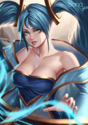 Rule 34 | 1girl, absurdres, aqua eyes, aqua hair, blonde hair, breasts, cleavage, collarbone, dress, green eyes, green hair, highres, large breasts, league of legends, light smile, lips, long hair, looking at viewer, multicolored hair, shiny skin, solo, sona (league of legends), twintails, upper body, yus