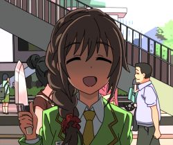Rule 34 | 10s, 1girl, ^ ^, braid, brown hair, closed eyes, commentary request, day, false smile, hair over shoulder, holding, holding knife, idolmaster, idolmaster cinderella girls, knife, long hair, open mouth, outdoors, scrunchie, senkawa chihiro, single braid, smile, solo focus, takahiro (rikky), yandere