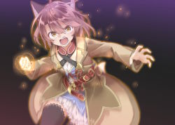 Rule 34 | 1girl, ahoge, amane rosylily, animal ear fluff, animal ears, belt, belt buckle, black thighhighs, blurry, boots, brown belt, brown coat, brown eyes, brown hair, buckle, clenched hand, coat, commentary request, crossed belts, dress, fangs, fox ears, fox girl, glowing, hair between eyes, highres, long sleeves, looking at viewer, magic circle, open clothes, open coat, open mouth, original, sekira ame, solo, thighhighs, thighhighs under boots, v-shaped eyebrows, white dress
