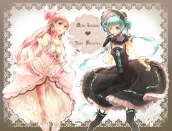 Rule 34 | alternate costume, aqua eyes, aqua hair, bare shoulders, bonnet, bow, dress, dual wielding, elbow gloves, finger to mouth, gloves, hair bow, hatsune miku, holding, lace, lolita fashion, long hair, megurine luka, one eye closed, pantyhose, petticoat, pink hair, smile, striped clothes, striped legwear, striped pantyhose, sword, thighhighs, tsukudato, twintails, very long hair, vocaloid, weapon, wink