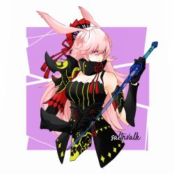 Rule 34 | 1girl, animal ears, armor, armored dress, artist name, black dress, border, closed mouth, cosplay, dress, fox ears, gauntlets, hair ornament, highres, holding, holding sword, holding weapon, honkai (series), honkai impact 3rd, katana, long hair, pauldrons, pink background, pink eyes, pink hair, raiden mei, raiden mei (cosplay), raiden mei (shadow dash), saltnvalk, shoulder armor, single pauldron, solo, sword, weapon, white border, yae sakura