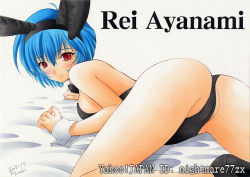 Rule 34 | 1girl, all fours, animal ears, ass, ayanami rei, bare legs, blue hair, blush, bow, bowtie, detached collar, fake animal ears, leotard, looking back, neon genesis evangelion, nightmare77zx, playboy bunny, rabbit ears, red eyes, short hair, solo, traditional media, wrist cuffs