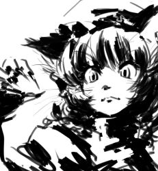 Rule 34 | 1girl, animal ears, bow, cat ears, cat girl, chen, claws, female focus, fingernails, from below, greyscale, hair bow, hat, long fingernails, looking down, mitsumoto jouji, monochrome, nail, short hair, sketch, solo, touhou, whiskers