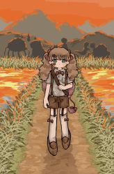 Rule 34 | 1girl, bandaid, bandaid on face, blouse, bow, bowtie, breast pocket, brown footwear, brown hair, brown shorts, collared shirt, full body, garter straps, green eyes, hair bow, highres, long hair, looking at viewer, messy hair, monster, mountainous horizon, original, path, pocket, red bow, red bowtie, reflection, road, sakura szm, shirt, shoes, short sleeves, shorts, solo, standing, suspenders, swept bangs, thighhighs, twintails, white shirt, white thighhighs
