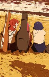 Rule 34 | 3girls, black skirt, blue hair, blue skirt, bocchi the rock!, closed eyes, clover, commentary request, facing to the side, from behind, gotoh hitori, grass, guitar case, hair bobbles, hair ornament, hand up, highres, holding, holding clover, ijichi nijika, instrument case, instrument on back, jacket, kerorira, kita ikuyo, laughing, medium hair, multiple girls, on grass, open mouth, out of frame, pink hair, pink jacket, profile, red hair, river, sailor collar, school uniform, serafuku, shadow, shirt, shirt tucked in, short hair, skirt, squatting, white sailor collar, white shirt, yamada ryo