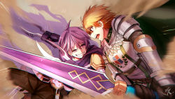 Rule 34 | 2boys, ahoge, armor, assassin (ragnarok online), black gloves, black pants, blocking, brown hair, cape, chainmail, clenched teeth, commentary request, cowboy shot, dagger, emblem, fighting, gauntlets, gloves, goditsuka, green cape, hair between eyes, highres, holding, holding dagger, holding knife, holding sword, holding weapon, jamadhar, knife, knight (ragnarok online), looking at another, male focus, multiple boys, open mouth, pants, pauldrons, purple cape, purple eyes, purple hair, purple shirt, ragnarok online, ragnarok x: next generation, red eyes, shirt, short hair, shoulder armor, signature, sword, tabard, teeth, torn cape, torn clothes, uneven eyes, waist cape, weapon