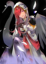 Rule 34 | 1girl, artist request, bad id, bad pixiv id, bird, black dress, blush, breasts, claws, crane (animal), dress, fate/grand order, fate (series), feathers, highres, hood, hood up, hooded robe, long hair, looking at viewer, medium breasts, miss crane (fate), purple eyes, red hair, robe, sash, smile, solo, two-tone dress, white dress, white robe