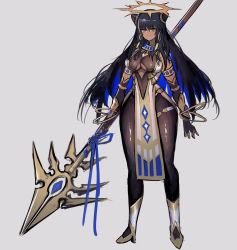 Rule 34 | 1girl, absurdres, bad id, bad pixiv id, black hair, blue hair, bodysuit, clothing cutout, colored inner hair, dark-skinned female, dark skin, earrings, egyptian, egyptian clothes, full body, highres, hoop earrings, jewelry, long hair, looking at viewer, multicolored hair, nichigeckoh, original, polearm, smile, solo, tan, two-tone hair, underboob cutout, weapon, wide hips, yellow eyes