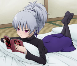 Rule 34 | 1girl, bad id, bad pixiv id, bed, book, darker than black, dress, feet, hair ribbon, indoors, legs up, lying, no shoes, on stomach, open book, pantyhose, pillow, ponytail, pornography, purple eyes, purple skirt, reading, ribbon, silver hair, skirt, solo, the pose, viewing pornography, yin (darker than black), yukihanaok